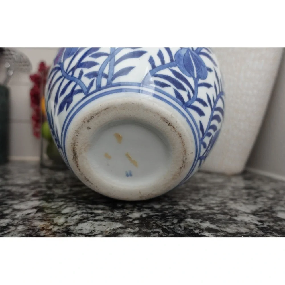 Blue and White Floral Ceramic Vase Round Decorative Accent Vase
